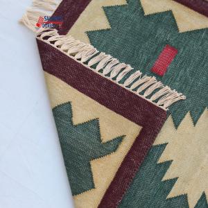 Multiple Sizes Cotton Green Modern Hand Woven Runner Rug- Flat Woven Washable Runner Kilim