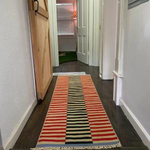 Multi Size Red, Black And Golden Yellow , Blue Modern Striped Cotton Hand Woven Runner Rug- Reversible Runner Kilim