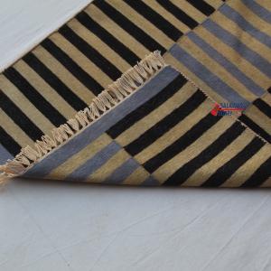 Multi Size Black And Golden Yellow , Blue Modern Striped Cotton Hand Woven Runner Rug- Reversible Runner Kilim