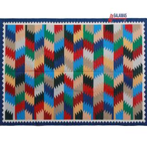 4x6 Handwoven Traditional Rug - Blue Border Zig Zag Colorful Cotton Rug, Indian Cotton Rug, Living Room Rugs