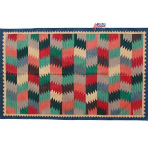 4x6 Handwoven Traditional Rug - Blue Border Zig Zag Colorful Cotton Rug, Eye-catching Rug, Indian Cotton Rug